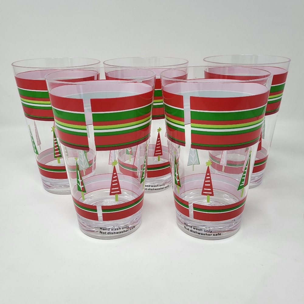 Bundle of 5 Striped Christmas Tree Hard Plastic 16 oz Tumblers Glasses Reusable